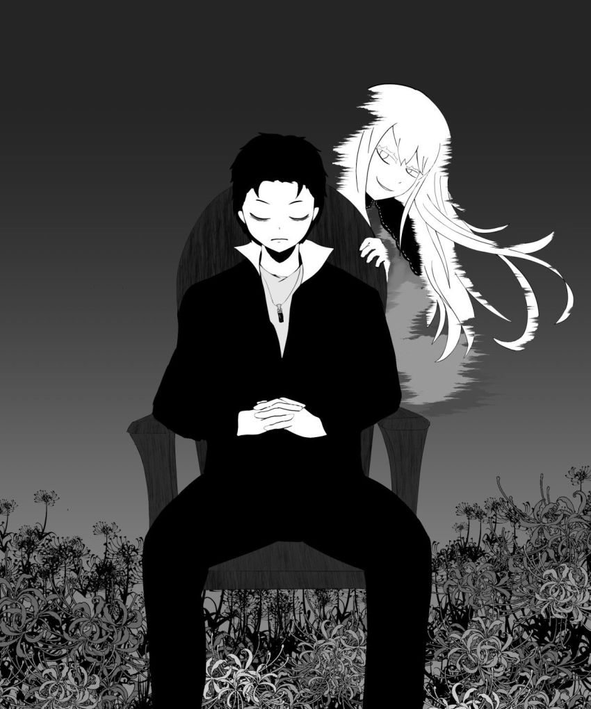 1boy, 1girl, alternate_costume, alternate_universe, artist_request, black_hair, chair, echidna_(re:zero)