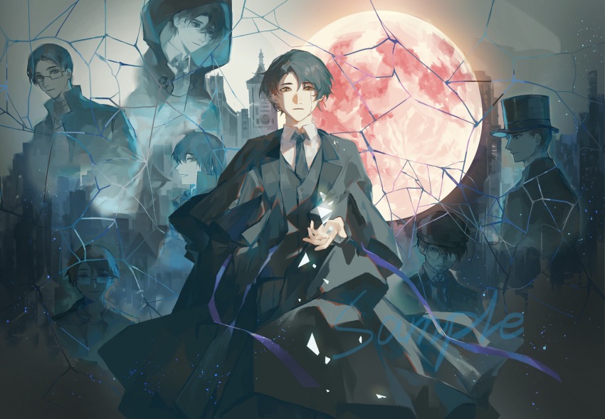 6+boys, absurdres, aged_up, arm_up, black_cloak, black_coat, black_hair, black_headwear