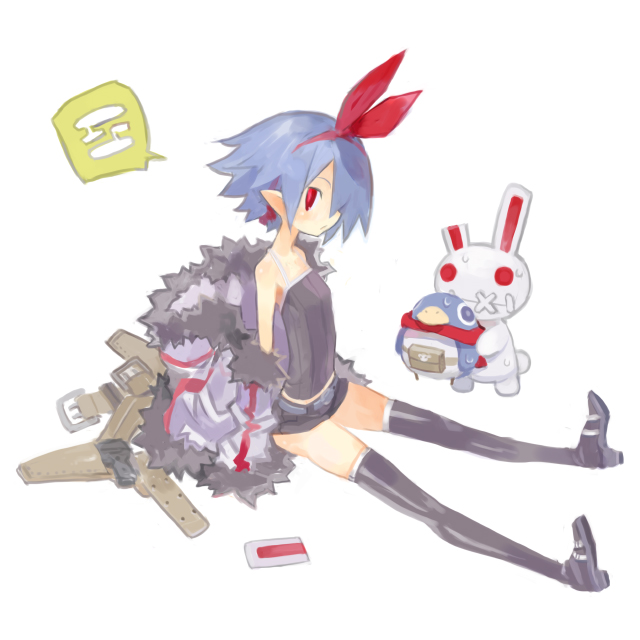 1girl, asagi_(cosplay), asagiri_asagi, asagiri_asagi_(cosplay), blue_hair, rabbit, cosplay, disgaea, harada_takehito, nippon_ichi, original, pleinair, pointy_ears, prinny, red_eyes, short_hair, sitting, sweatdrop, thighhighs