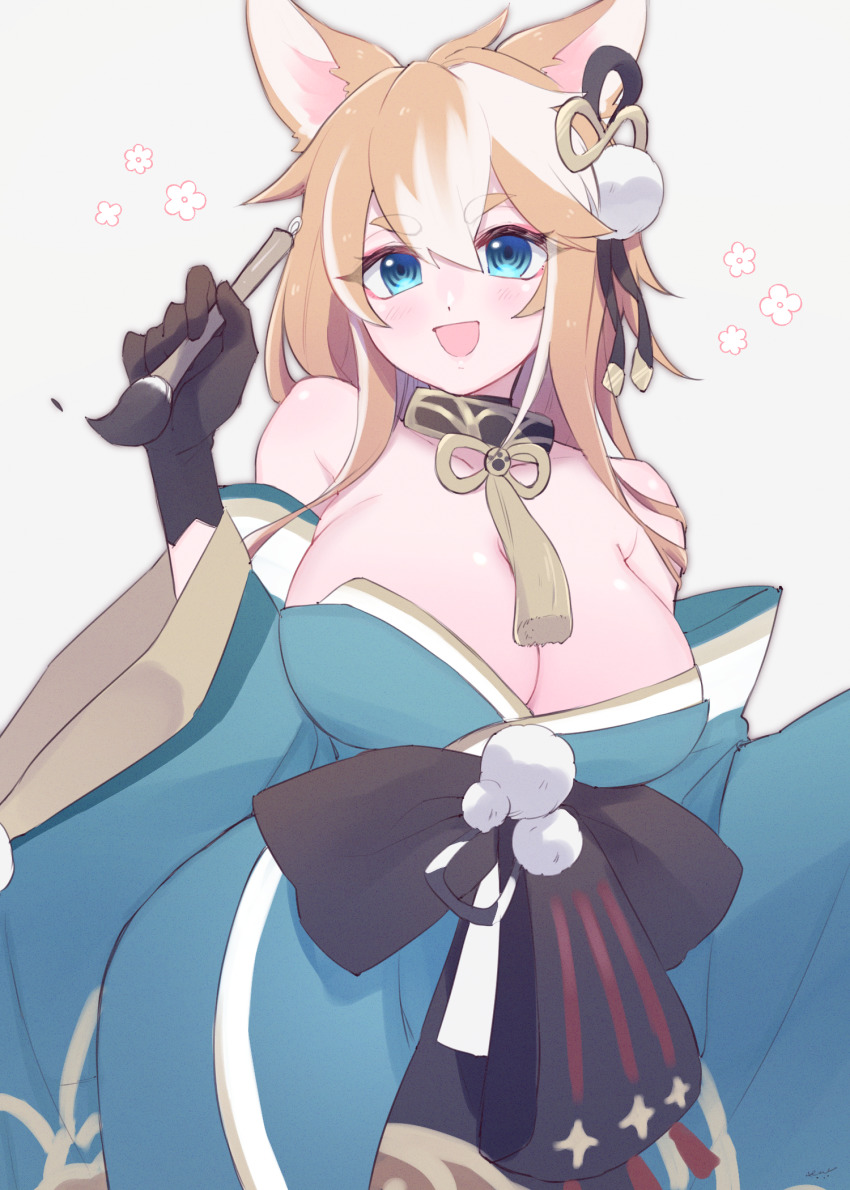 1girl, animal_ears, black_gloves, blue_eyes, blush, breasts, cleavage, detached_sleeves