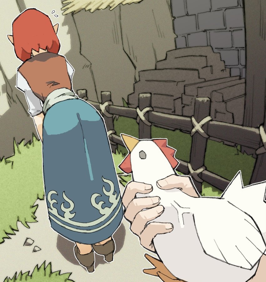 1girl, anju_(zelda), ass, bad_id, bad_twitter_id, bent_over, bird, blue_dress, chicken, commentary_request, cucco, dress, euphemism, facing_away, fence, flying_sweatdrops, full_body, high_heels, highres, nintendo, outdoors, outline, pantsu-ripper, pointy_ears, red_hair, sexually_suggestive, short_hair, short_sleeves, spanish_commentary, the_legend_of_zelda, the_legend_of_zelda:_ocarina_of_time, veins, vest, visual_pun, white_outline