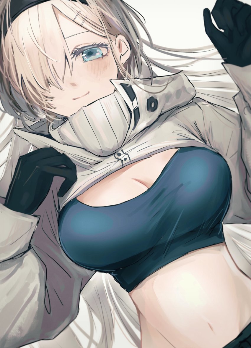 1girl, arknights, aurora_(arknights), breasts, highres, jiru_(6pp_ab), large_breasts, lying, navel, solo, twitter