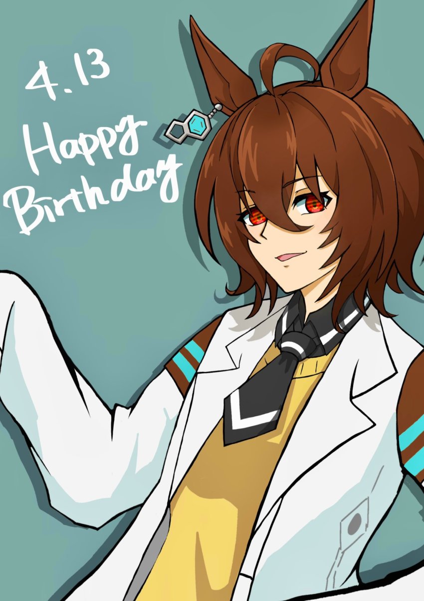 1girl, agnes_tachyon_(tach-nology)_(umamusume), agnes_tachyon_(umamusume), ahoge, animal_ears, black_necktie, black_shirt, brown_hair