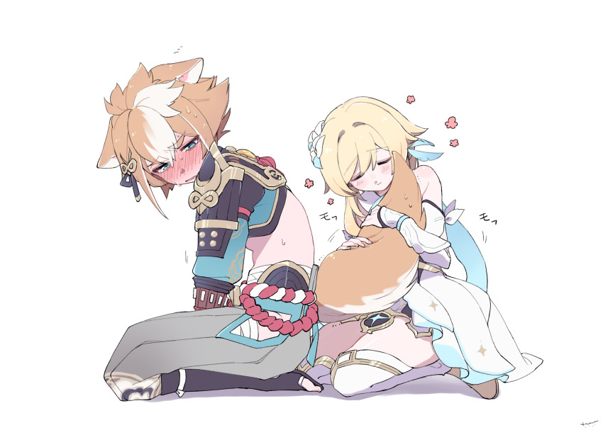 1boy, 1girl, animal_ears, aqua_eyes, armor, blonde_hair, blush, boots