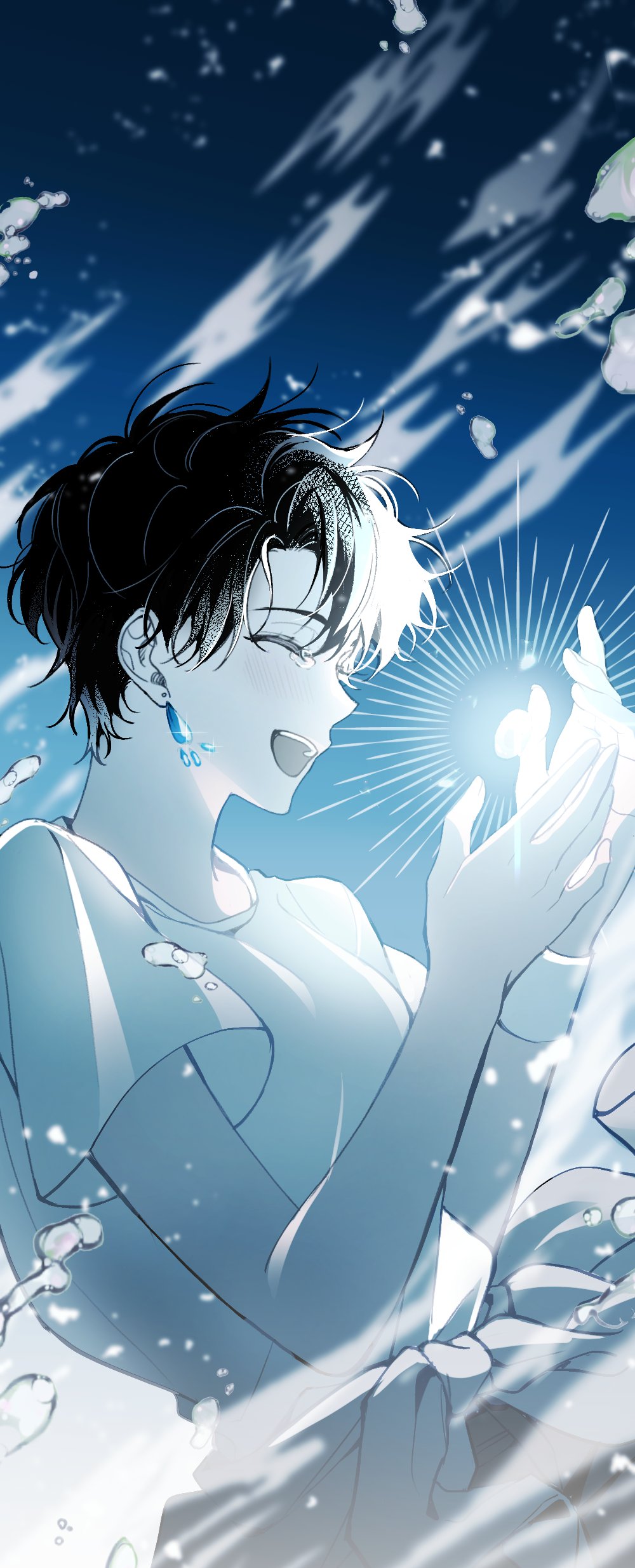 1girl, absurdres, blue_background, daihu_ku, earrings, closed_eyes, from_side, hands_up