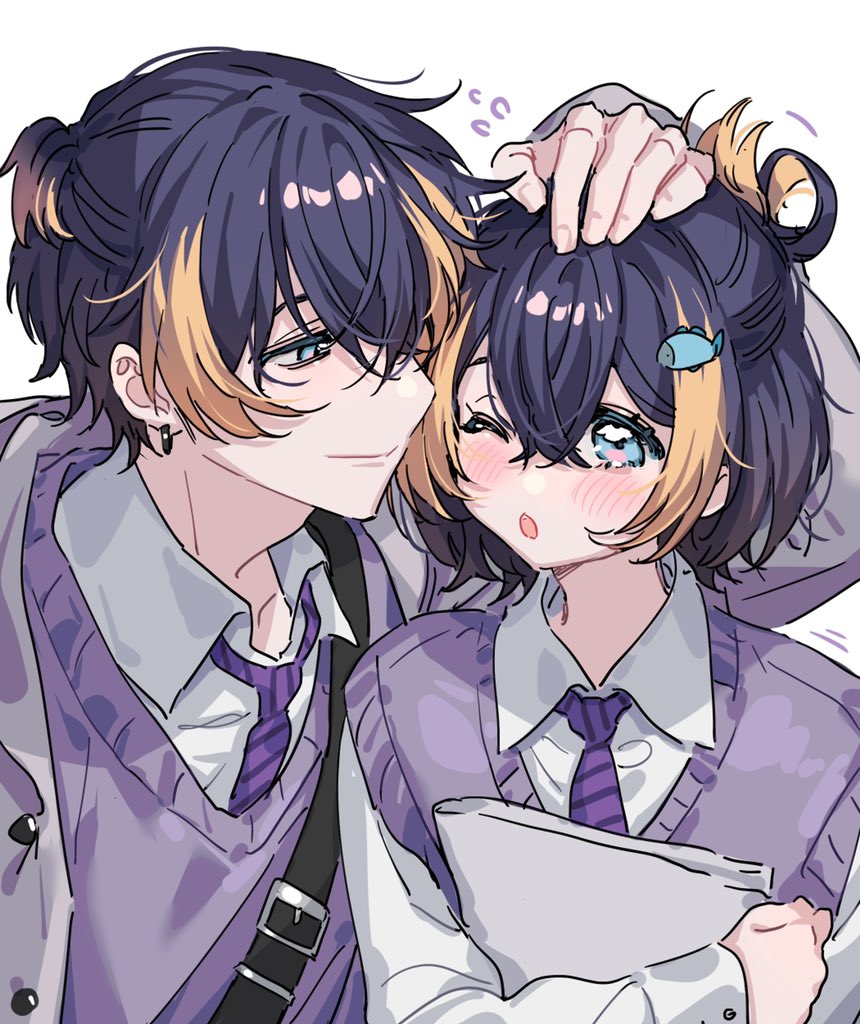 1boy, 1girl, :o, belt, black_belt, black_hair, blue_eyes, blush