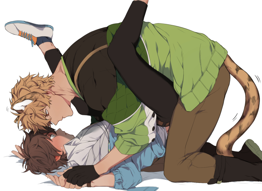 2boys, animal_ears, bad_id, bad_twitter_id, black_footwear, black_gloves, blonde_hair, blush, boots, brown_hair, brown_pants, closed_mouth, eiden_(nu_carnival), fingerless_gloves, from_side, gloves, jacket, jaksam05, legs_up, lying, male_focus, multiple_boys, nu_carnival, off_shoulder, on_back, open_clothes, pants, parted_lips, profile, quincy_(nu_carnival), red_eyes, shirt, shoes, simple_background, sneakers, sweat, tail, white_background, white_shirt, yaoi