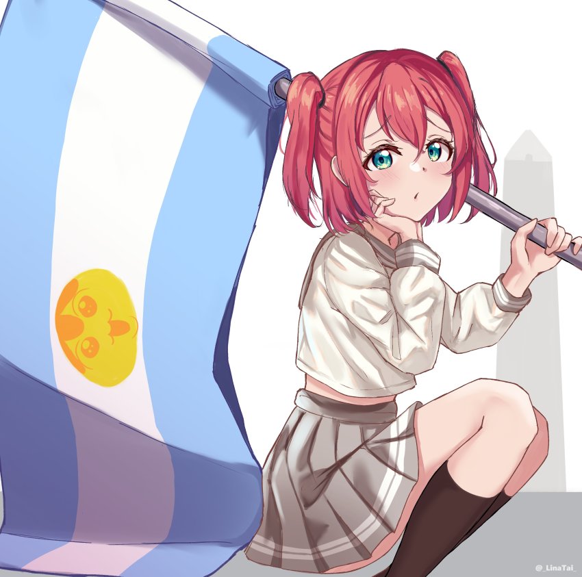 1girl, absurdres, argentinian_flag, chestnut_mouth, commentary_request, cotton_candy_ei-ei-oh!, flag, green_eyes, grey_sailor_collar, grey_skirt, hair_between_eyes, hand_on_own_face, hand_up, highres, holding, holding_flag, kurosawa_ruby, light_blush, linatai, long_sleeves, looking_at_viewer, love_live!, love_live!_sunshine!!, meme, mixed-language_commentary, pleated_skirt, red_hair, sailor_collar, school_uniform, shirt, skirt, socks, solo, spanish_commentary, squatting, twintails, twitter_username, uranohoshi_school_uniform, white_background, white_shirt