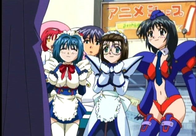 1boy, 3girls, apron, armor, black_hair, brown_hair, comic_party, cosplay