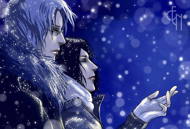 2boys, black_hair, bleach, blue_background, blue_eyes, coat, eneada_(artist), fingerless_gloves
