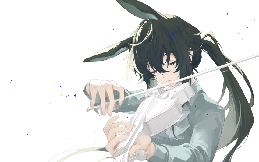 1girl, absurdres, amiya_(arknights), animal_ears, arknights, black_hair, blouse, bow_(music)