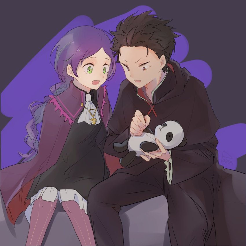 1boy, 1girl, alternate_costume, alternate_universe, ascot, black_dress, black_hair, blue_hair, braid, braided_ponytail, brown_eyes, cape, capelet, dress, frills, green_eyes, jewelry, meili_portroute, natsuki_subaru, panda, pendant, re:zero_kara_hajimeru_isekai_seikatsu, sanpaku, sewing, striped_legwear, stuffed_toy, witch_cult_uniform