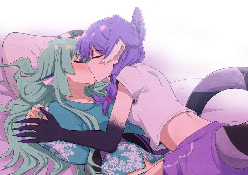 2girls, ahoge, aqyas_muzamil, blush, braid, breasts, closed_eyes, clothing_cutout