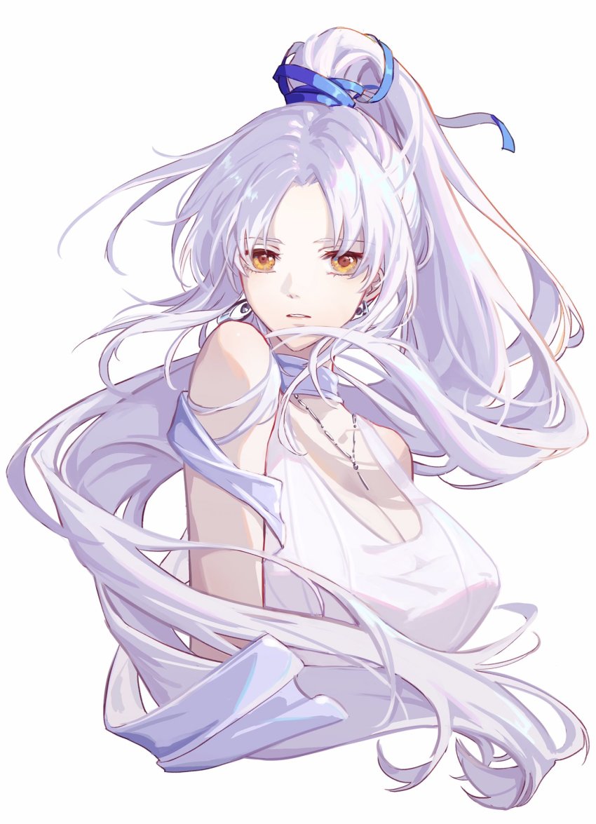 1girl, blue_ribbon, breasts, chancesmily, cleavage, commentary, cropped_torso, dress