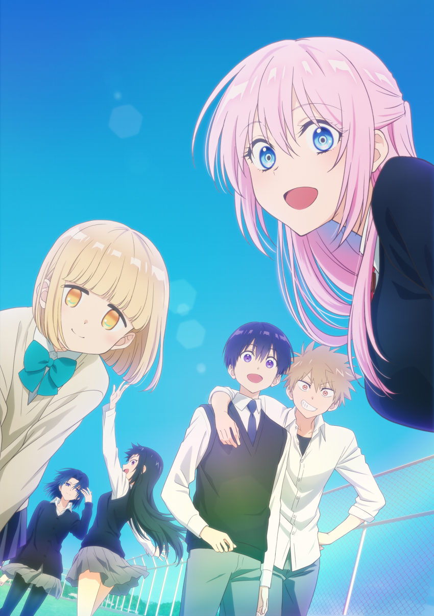 2boys, 4girls, :d, absurdres, aqua_bow, aqua_bowtie, black_hair, black_sweater