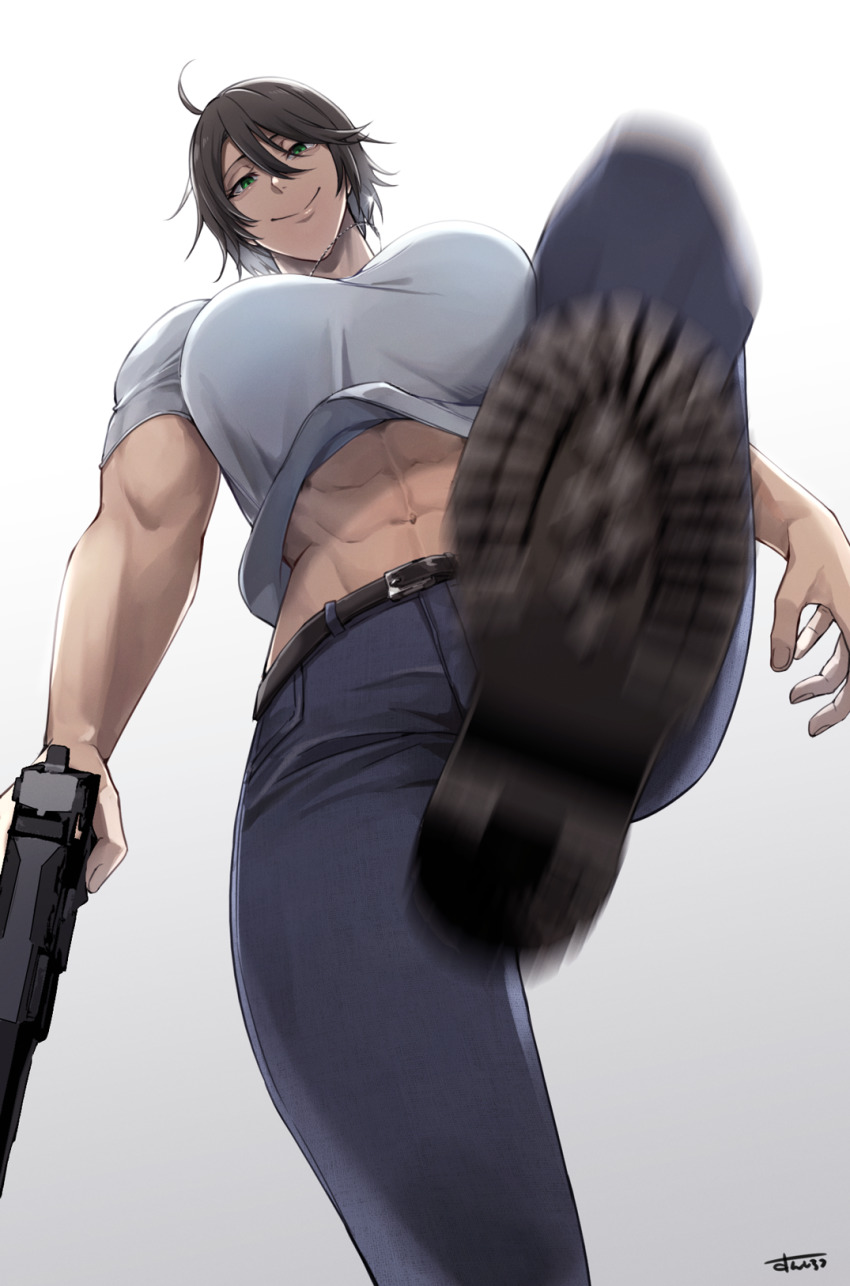 1girl, abs, ahoge, belt, black_belt, black_boots, black_hair, blurry, blurry_foreground, boots, breasts, chequita_(jormungand), denim, from_below, green_eyes, gun, hair_between_eyes, handgun, highres, holding, holding_gun, holding_weapon, imminent_kick, jeans, jewelry, jormungand_(manga), large_breasts, looking_at_viewer, midriff, muscular, muscular_female, navel, necklace, pants, pov_stomped, shirt, short_hair, signature, smile, solo, standing, standing_on_one_leg, sunsirou, weapon, white_background, white_shirt