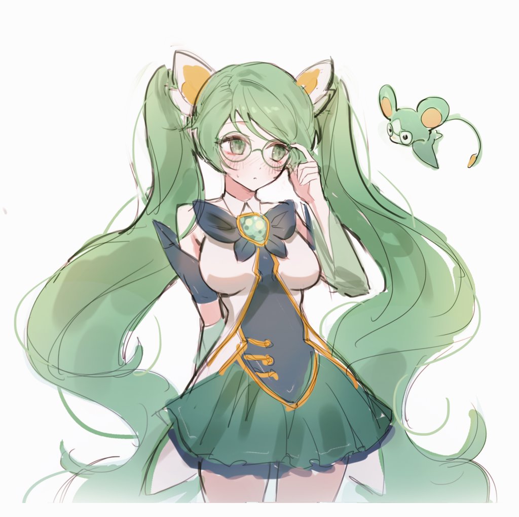 1girl, alternate_hair_color, detached_sleeves, glasses, green_hair, league_of_legends, long_hair, magical_girl