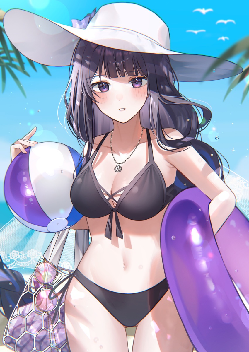 1girl, absurdres, bag, ball, beachball, bikini, bird, black_bikini