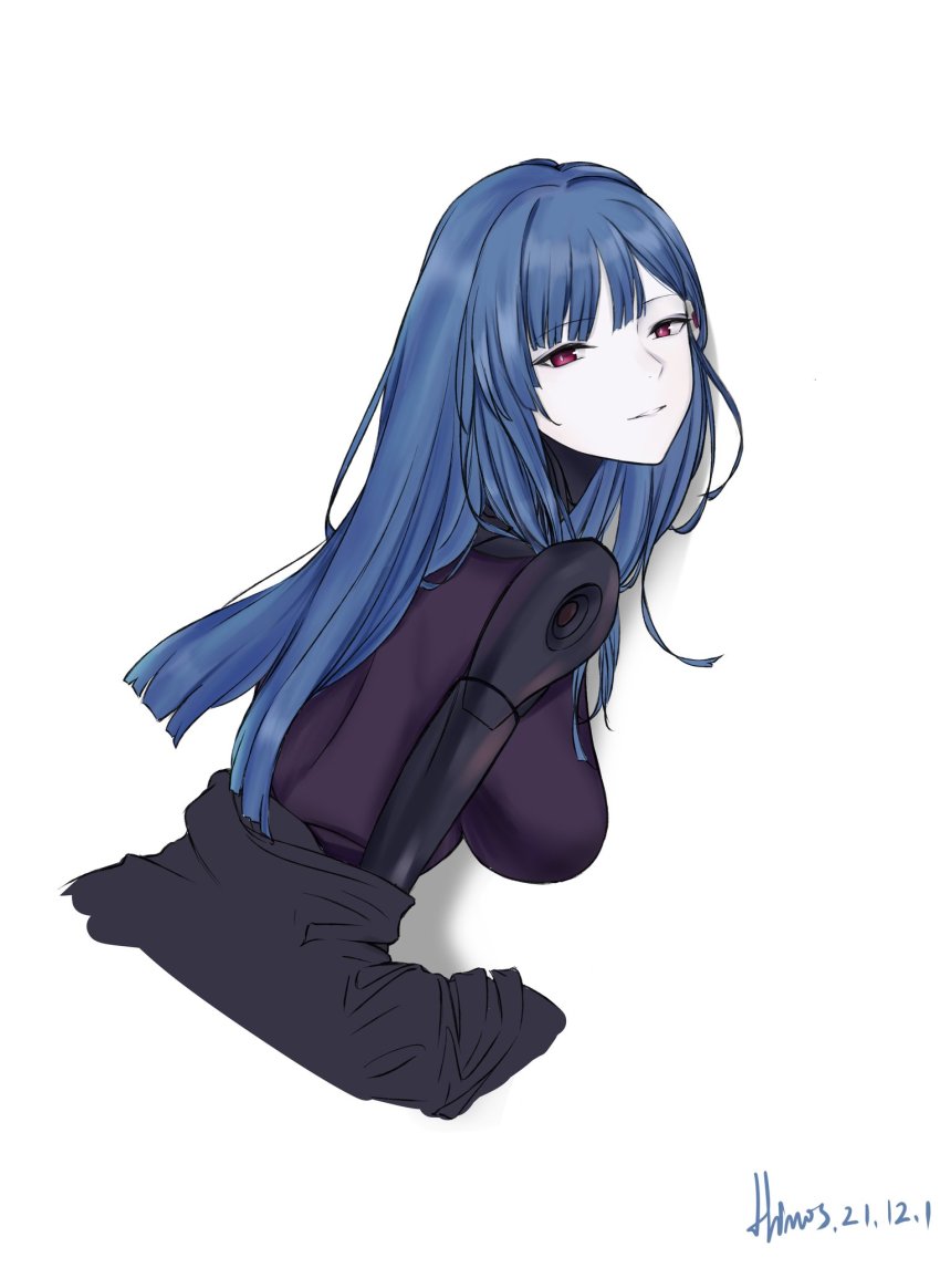 1girl, artist_name, back, blue_hair, bodysuit, breasts, closed_mouth, clothes_pull