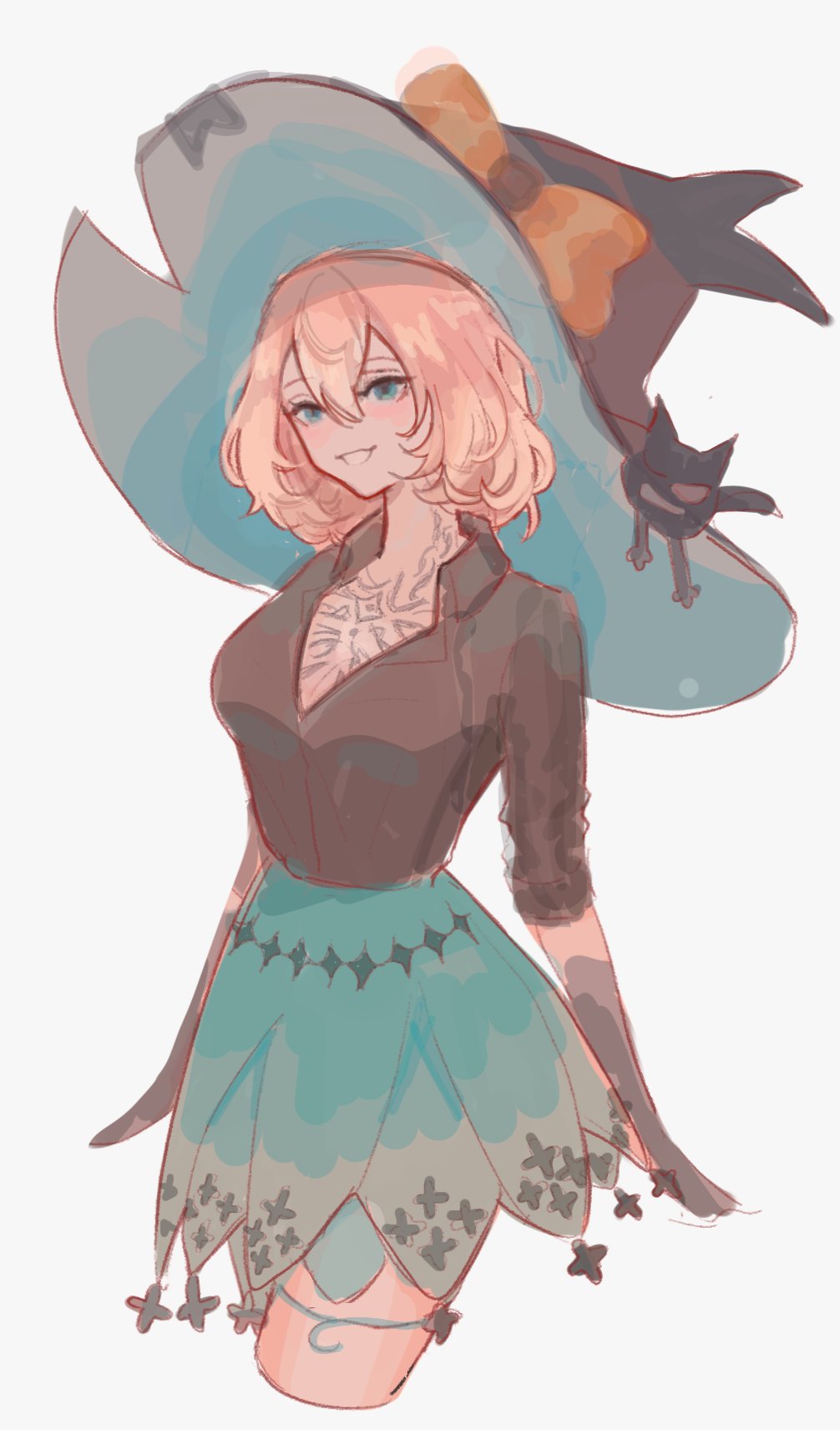 1girl, ahoge, black_cat, black_gloves, black_shirt, blonde_hair, blush, bob_cut, breasts, cat, chest_tattoo, collared_shirt, cosplay, dress_shirt, elbow_gloves, gloves, green_eyes, green_skirt, hat, highres, large_hat, looking_afar, luca_kaneshiro, luca_kaneshiro_(cosplay), lucie_(millie_parfait), medium_breasts, mik_(notdomiq), millie_parfait, nijisanji, nijisanji_en, pomu_rainpuff, pomu_rainpuff_(cosplay), shirt, shirt_tucked_in, short_hair, skirt, smile, solo, tattoo, virtual_youtuber, white_background, witch, witch_hat