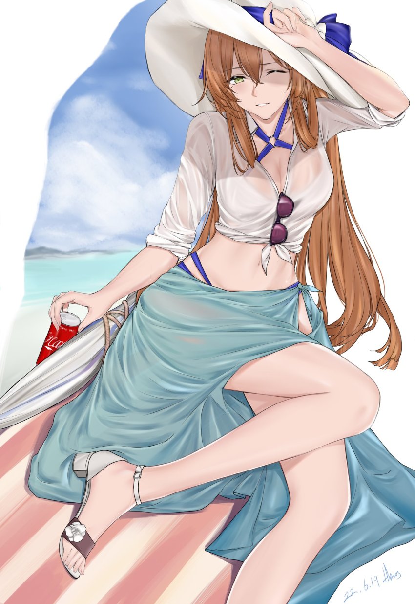 1girl, artist_name, bare_legs, blue_ribbon, breasts, can, cleavage, coca-cola, collarbone, commentary, dated, dated_commentary, english_commentary, eyewear_around_neck, feet_out_of_frame, girls'_frontline, green_eyes, hair_ribbon, hand_on_headwear, hat, hat_ribbon, high_heel_sandals, high_heels, highres, himos, holding, holding_can, legs, light_blush, long_hair, looking_at_viewer, medium_breasts, navel, official_alternate_costume, one_eye_closed, open_mouth, orange_hair, parted_lips, ribbon, sandals, shirt, simple_background, sitting, sleeves_rolled_up, smile, solo, springfield_(girls'_frontline), springfield_(stirring_mermaid)_(girls'_frontline), summer, sun_hat, sunglasses, sweatdrop, swimsuit, toes, wet, wet_face, white_hat, white_shirt