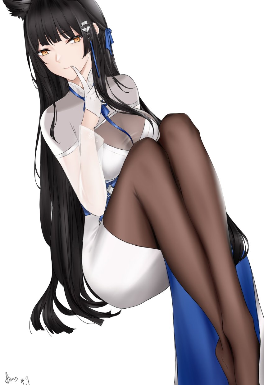 1girl, animal_ears, artist_name, black_hair, black_thighhighs, blue_necktie, blue_ribbon, bodystocking