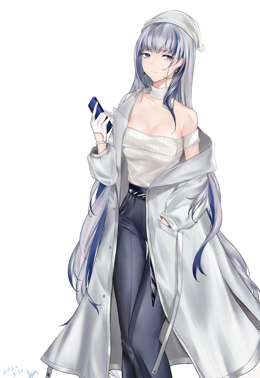 1girl, artist_name, bare_shoulders, belt, blue_eyes, blue_pants, breasts, cellphone
