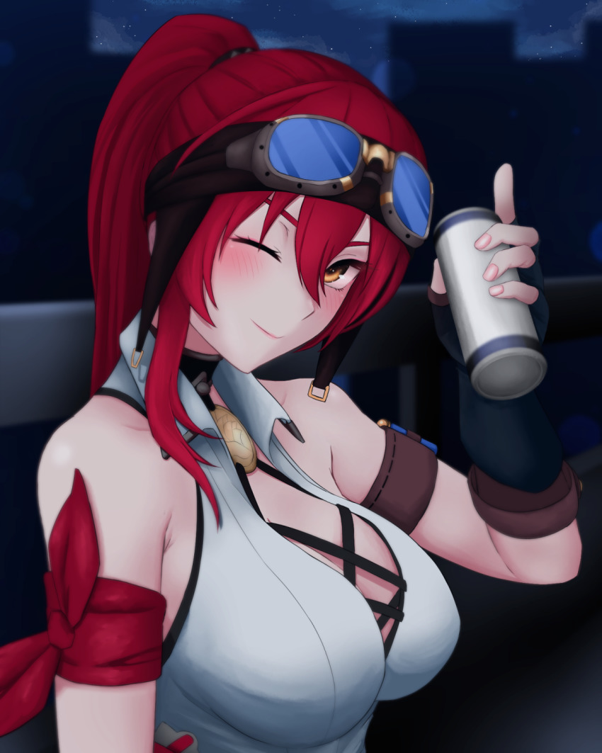 1girl, alcohol, bare_shoulders, beer, beer_can, blush, breasts, brown_gloves