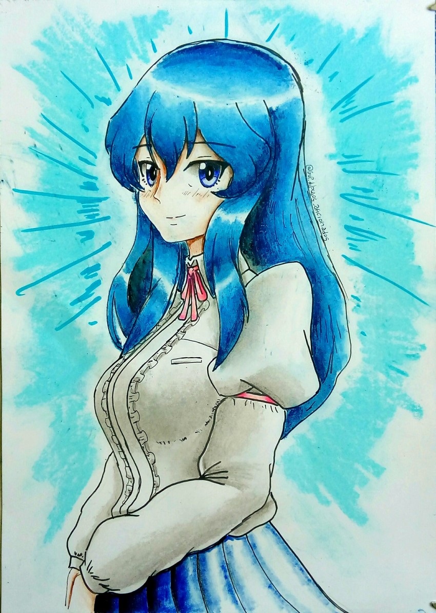 1girl, absurdres, alternate_costume, blue_eyes, blue_hair, blue_skirt, blush, breasts, casual, eclair_(girls_und_panzer), girls_und_panzer, girls_und_panzer_gekitou!_maginot-sen_desu!!, gradient_background, highres, long_hair, pink_ribbon, ribbon, shaman_garupan, shirt, signature, skirt, smile, traditional_media, white_shirt