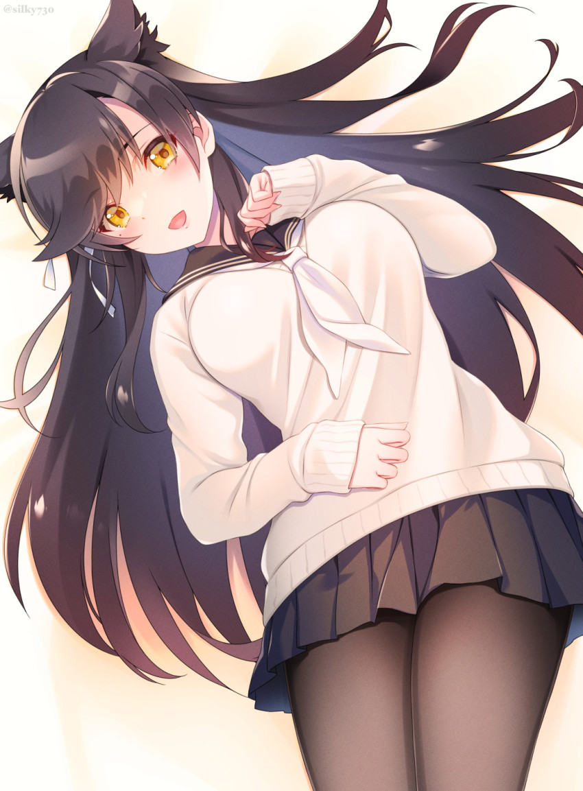 1girl, atago_(azur_lane), atago_(school_traumerei)_(azur_lane), azur_lane, black_pantyhose, black_sailor_collar, black_serafuku, black_shirt