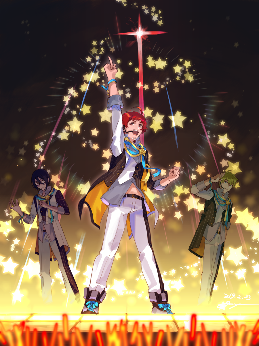 3boys, ahoge, arm_up, black_hair, brown_hair, dramatic_stars_(idolmaster), facial_hair, glasses