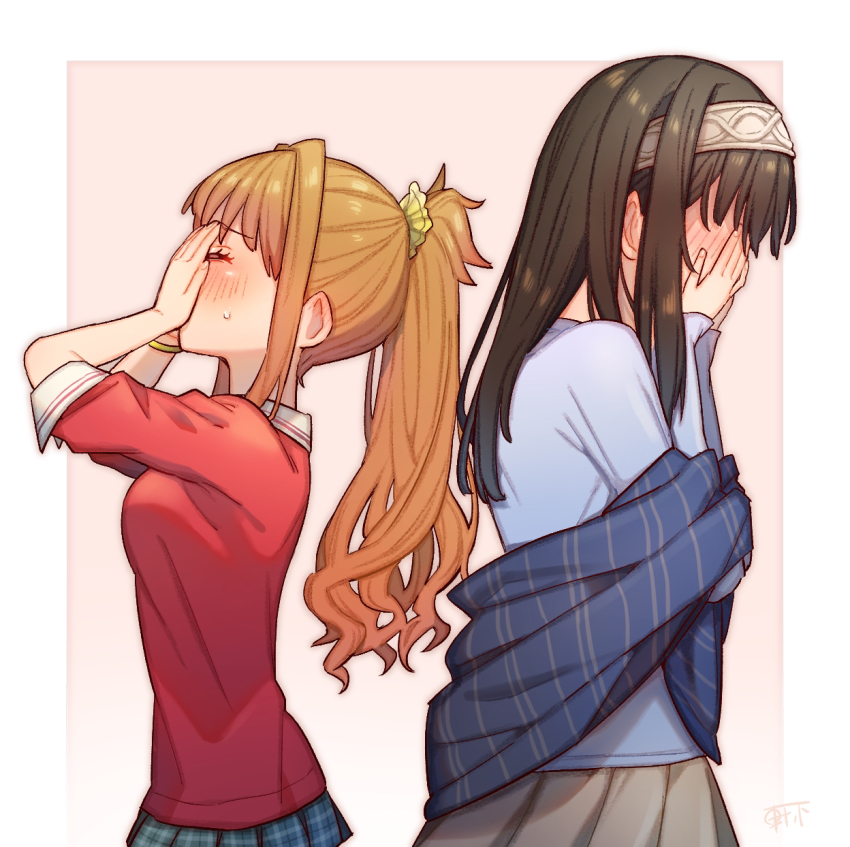2girls, back-to-back, black_hair, blue_shirt, blush, commission, covering_face, full-face_blush, hands_on_own_face, highres, hino_akane_(idolmaster), idolmaster, idolmaster_cinderella_girls, kikiki_kinosita, multiple_girls, orange_hair, pleated_skirt, ponytail, red_shirt, sagisawa_fumika, shawl, shirt, simple_background, skeb_commission, skirt, straight_hair, sweatdrop, upper_body