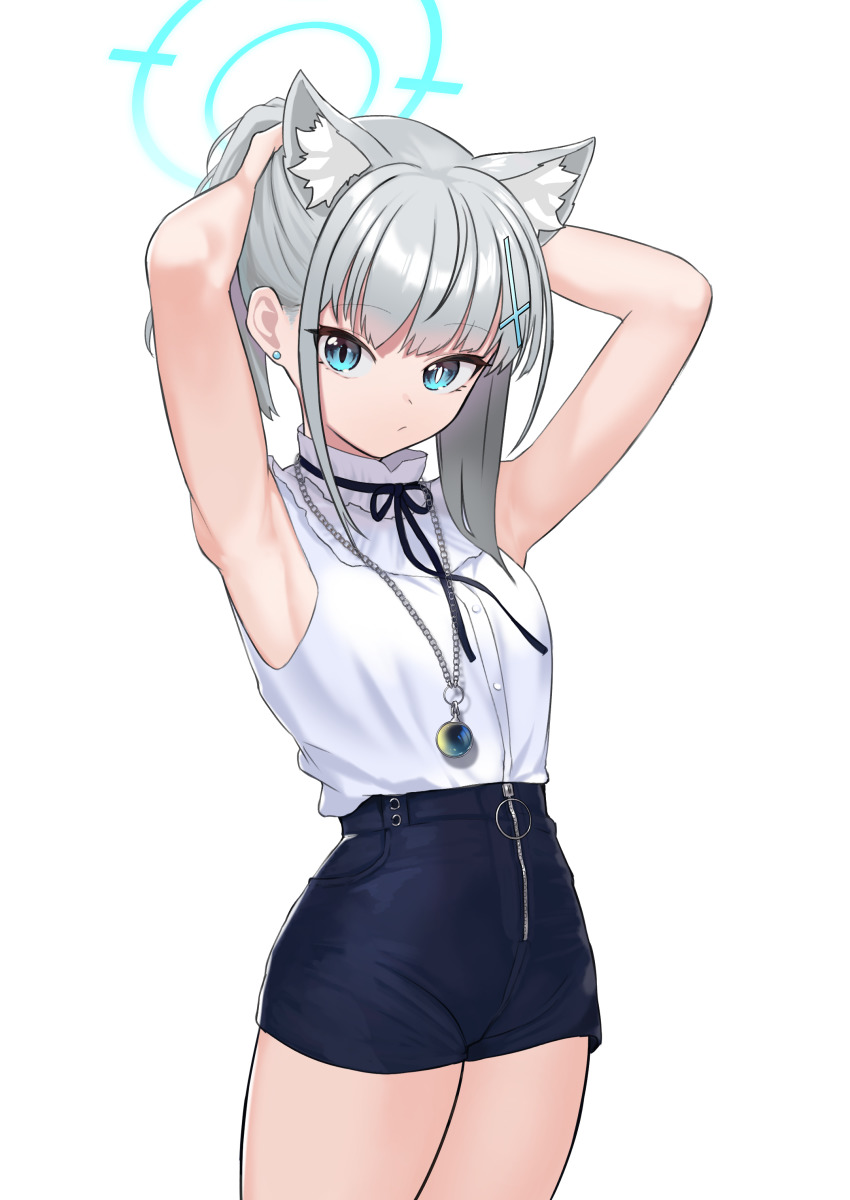 1girl, absurdres, adjusting_hair, alternate_costume, animal_ear_fluff, animal_ears, armpits, arms_up, blue_archive, blue_eyes, bow, bowtie, cowboy_shot, cross_hair_ornament, extra_ears, grey_hair, hair_ornament, halo, highres, jewelry, medium_hair, mismatched_pupils, nanana_narang, necklace, ponytail, shiroko_(blue_archive), shirt, short_shorts, shorts, simple_background, solo, standing, white_background, white_shirt