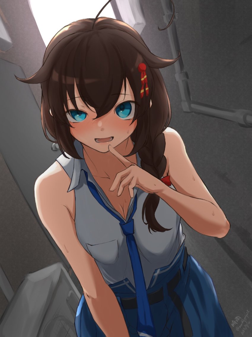 1girl, ahoge, belt, black_belt, blue_eyes, blue_necktie, blue_skirt, blush