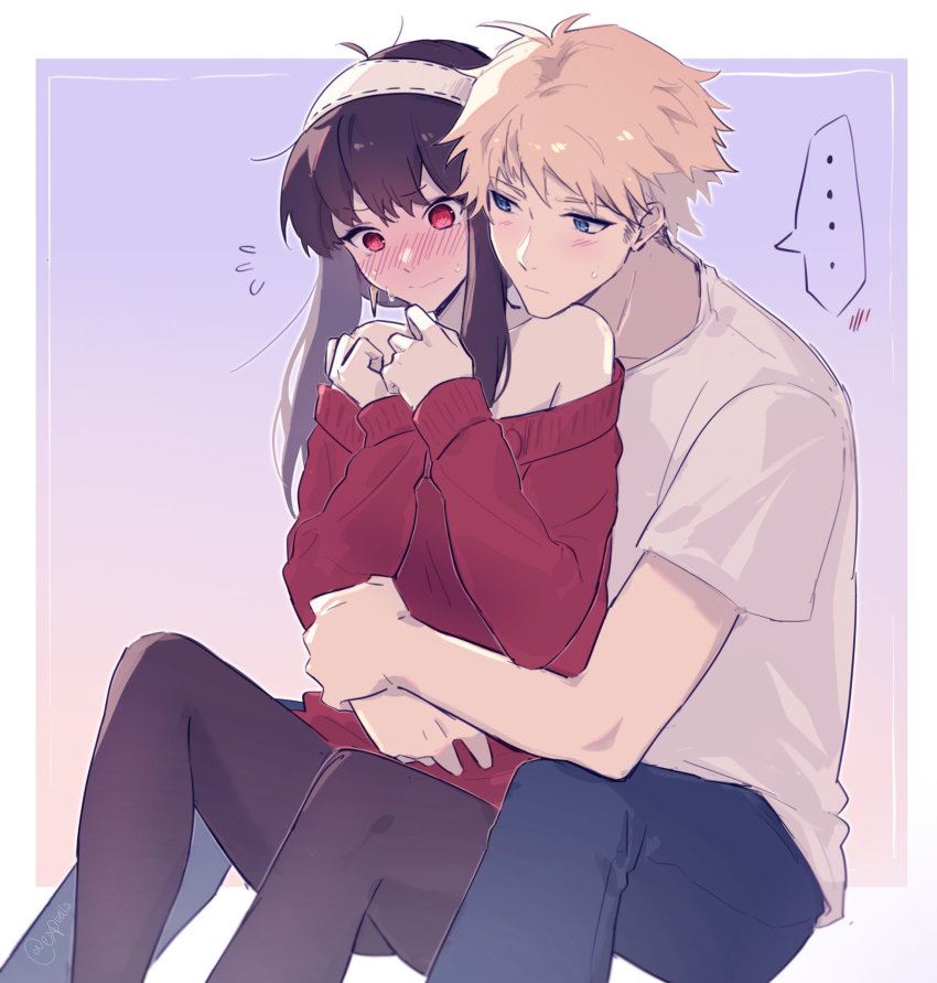 ..., 1boy, 1girl, @_@, antenna_hair, bare_arms, bare_shoulders, blonde_hair, blue_eyes, blue_pants, blush, collarbone, commentary, full-face_blush, gradient_background, hairband, head_rest, hetero, highres, hug, hug_from_behind, husband_and_wife, mao_(expuella), off-shoulder_sweater, off_shoulder, pants, pantyhose, red_eyes, red_sweater, shirt, short_hair, shoulder_rest, spoken_ellipsis, spy_x_family, sweat, sweater, twilight_(spy_x_family), v-shaped_eyebrows, white_shirt, yor_briar