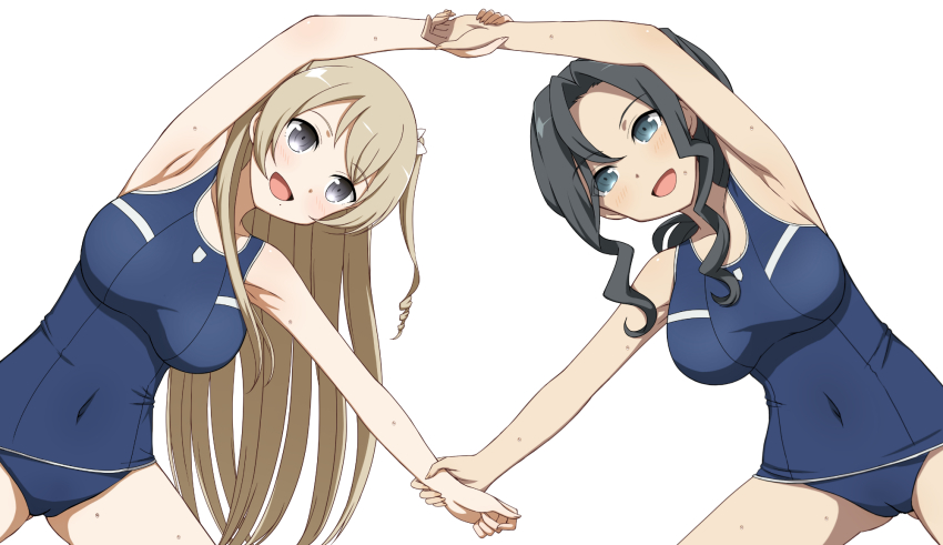 2girls, armpits, bare_shoulders, black_hair, blonde_hair, breasts, collarbone, covered_navel, drill_hair, forehead, gluteal_fold, grey_eyes, highres, large_breasts, leaning_to_the_side, long_hair, looking_at_viewer, miroku_renge, miroku_yumiko, multiple_girls, old_school_swimsuit, one-piece_swimsuit, one_side_up, open_mouth, parted_bangs, school_swimsuit, sidelocks, simple_background, smile, stretching, swimsuit, user_tmwx3385, very_long_hair, wavy_hair, yuuki_yuuna_wa_yuusha_de_aru, yuuki_yuuna_wa_yuusha_de_aru:_hanayui_no_kirameki, yuusha_de_aru
