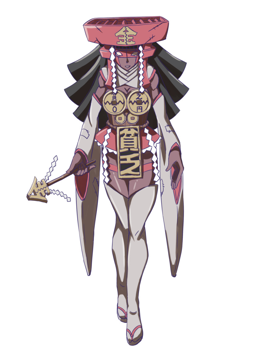 1girl, binbou_miko_(kakikorori), black_hair, bra, frilled_thigh_strap, brown_sash, coin, coin_on_string, colored_skin, corruption, dark_skin, detached_sleeves, donation_box_(costume), full_body, geta, gohei, grey_sleeves, hakurei_reimu, highres, holed_coin, kakikorori, long_hair, medallion, microskirt, mind_control, nontraditional_miko, obi, patch, red_mask, red_skirt, rope, sash, shide, shimenawa, simple_background, skirt, solo, tachi-e, thigh_strap, thighhighs, thighs, torii, touhou, transformation, transparent_background, underwear, white_eyes, white_lips, wide_sleeves, wood