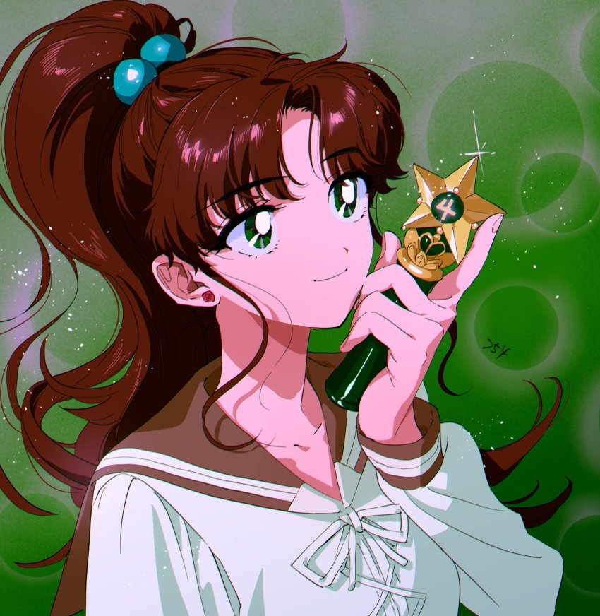 1girl, bishoujo_senshi_sailor_moon, brown_hair, brown_sailor_collar, earrings, flower_earrings, green_background, green_eyes