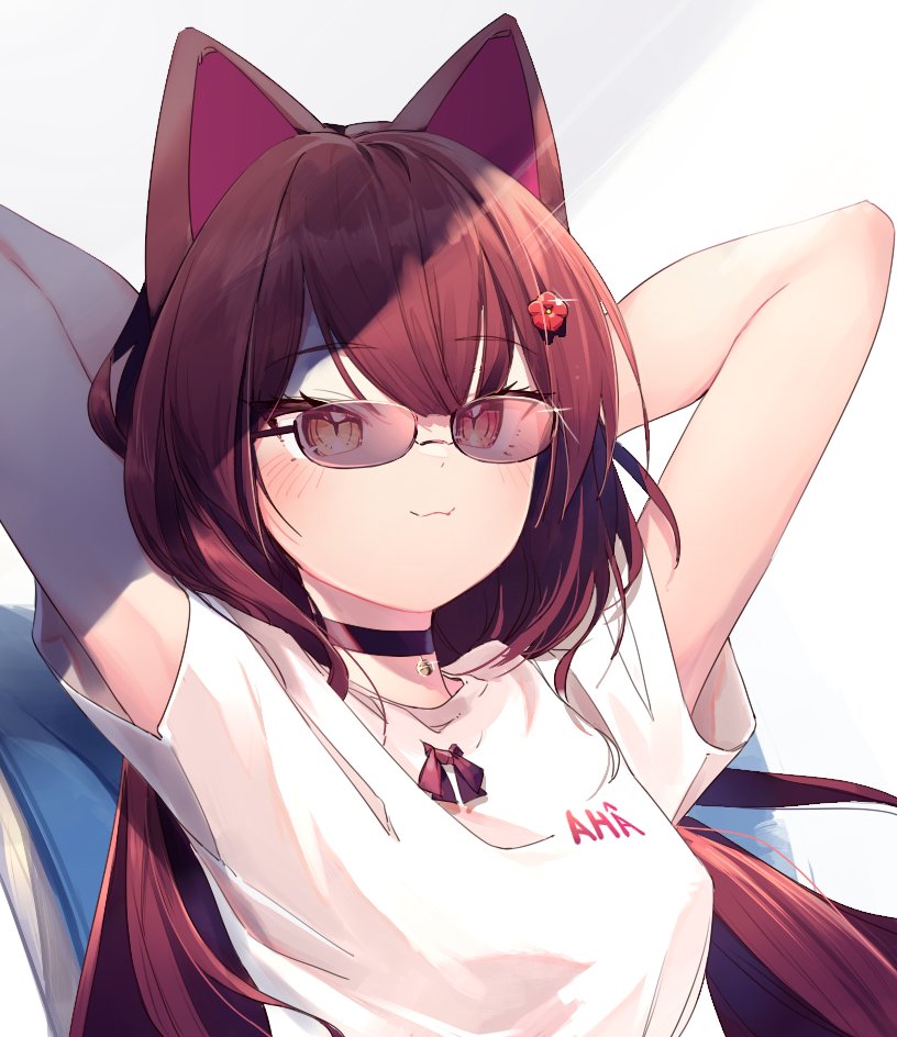 1girl, animal_ears, arms_behind_head, arms_up, bare_arms, black_choker, blush, brown_hair