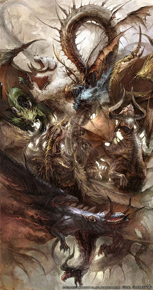 artist_request, azdaja_(ff14), bahamut_(final_fantasy), breath_weapon, breathing_fire, brown_background, claws, copyright_name