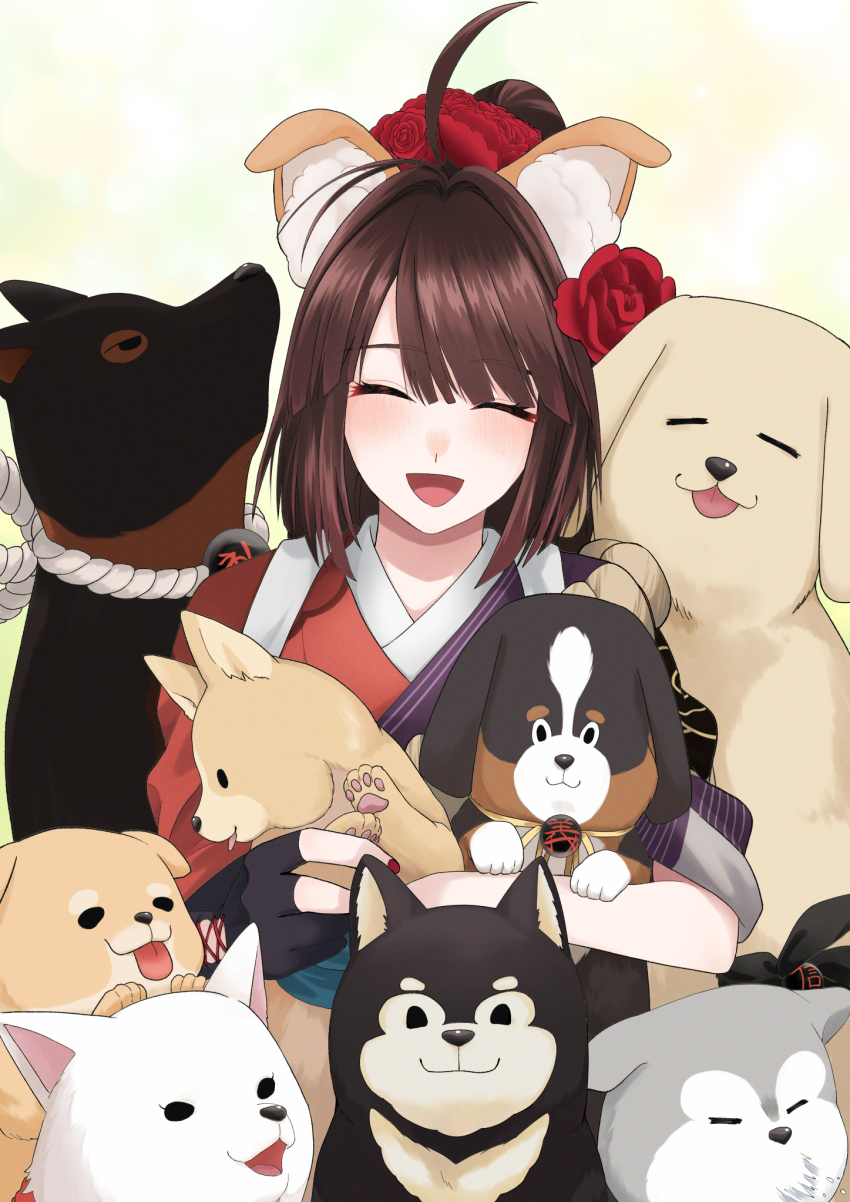 1girl, ahoge, animal, animal_ears, brown_hair, closed_eyes, dog, dog_ears