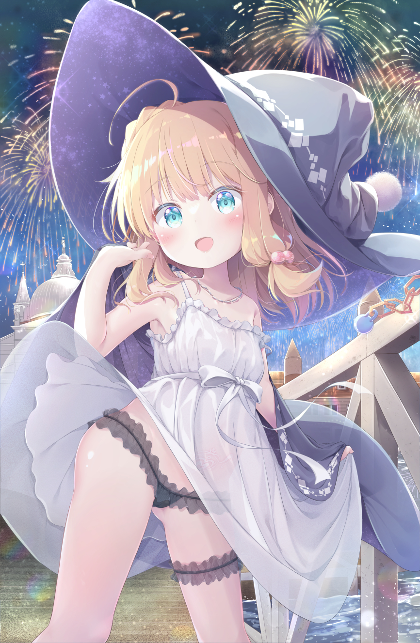 1girl, ahoge, arm_up, ass, black_hat, black_panties, black_robe, blonde_hair, blue_eyes, blush, dress, female_focus, fireworks, gluteal_fold, hair_bobbles, hair_ornament, hat, highres, loli, looking_at_viewer, night, open_clothes, open_mouth, open_robe, original, outdoors, panties, pirason, robe, short_hair, sky, smile, solo, sundress, thighs, underwear, white_dress, wind, wind_lift, witch_hat