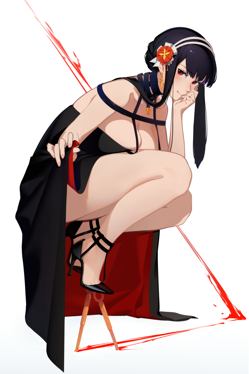 1girl, bare_shoulders, black_choker, black_dress, black_footwear, blush, breasts, choker, cleavage, closed_mouth, clothes_lift, collarbone, commentary, dagger, desc_(yjdesc), dress, dress_lift, earrings, eyelashes, fingernails, flower, full_body, gold_earrings, hairband, hand_on_own_cheek, hand_on_own_face, head_rest, high_heels, highres, holding_own_dress, jewelry, knife, large_breasts, lifting_own_clothes, looking_at_viewer, nail_polish, pink_nails, rose, short_hair_with_long_locks, sidelocks, simple_background, smile, solo, spy_x_family, squatting, stiletto_(weapon), two-sided_dress, two-sided_fabric, weapon, white_background, white_hairband, yor_briar