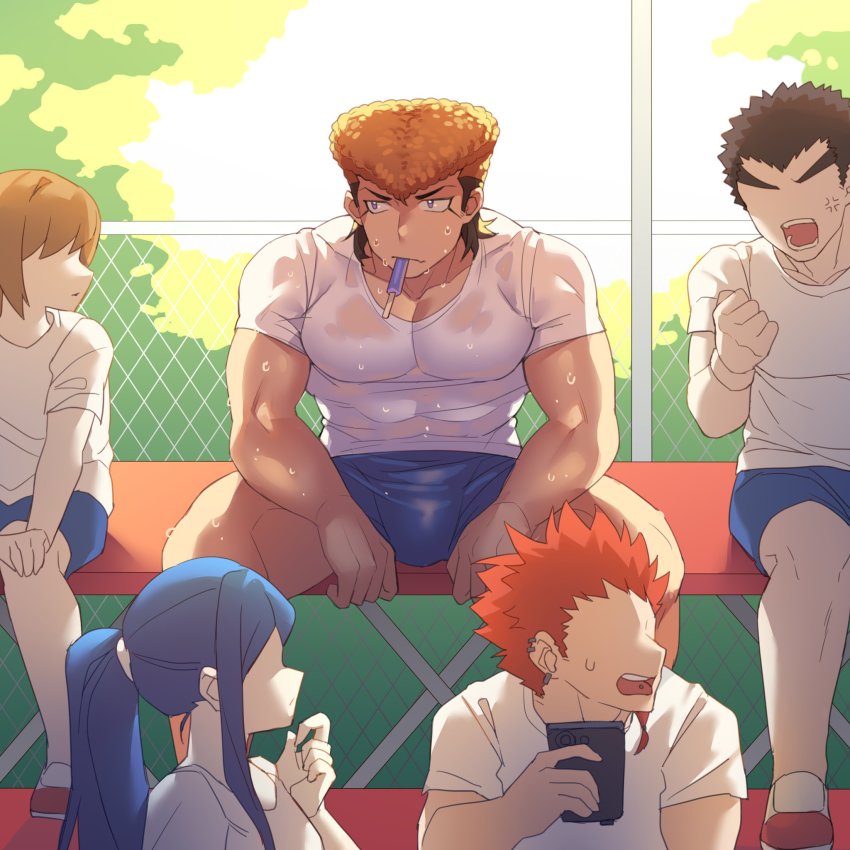 1girl, 4boys, bara, black_hair, blue_hair, blue_shorts, brown_hair, bulge