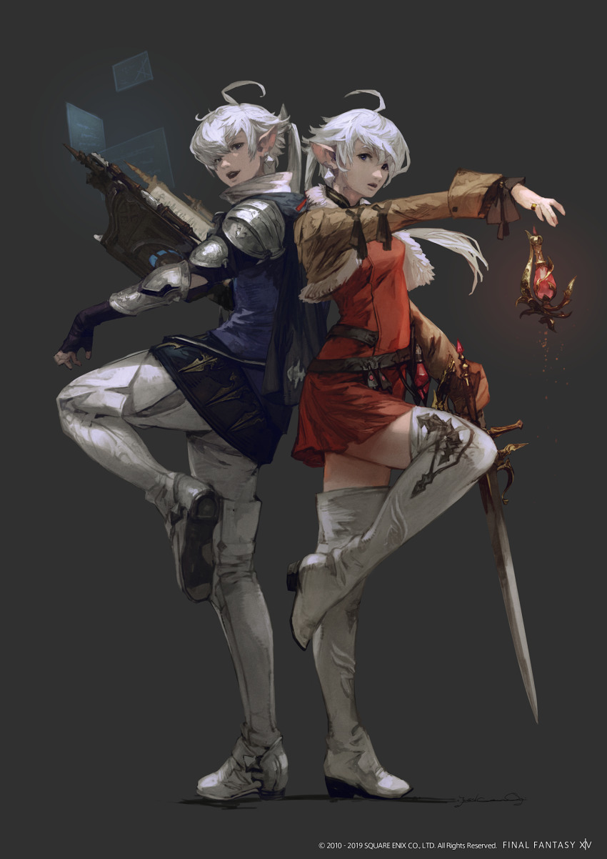 1boy, 1girl, ahoge, alisaie_leveilleur, alphinaud_leveilleur, arcanist_(final_fantasy), armor, back-to-back, belt, blue_eyes, blue_jacket, book, boots, brother_and_sister, brown_jacket, copyright_name, copyright_notice, cropped_jacket, crystal, dress, earclip, elbow_gloves, elezen, elf, final_fantasy, final_fantasy_xiv, fingerless_gloves, floating, floating_object, floating_weapon, from_side, full_body, fur-trimmed_jacket, fur_trim, gloves, glowing, grey_background, grimoire, hair_ribbon, highres, holding, holding_book, holding_sword, holding_weapon, hologram, jacket, jewelry, leg_up, long_hair, long_sleeves, looking_at_another, looking_at_viewer, mogi_yuusuke, official_art, open_mouth, outstretched_arm, pants, pauldrons, pointy_ears, ponytail, purple_gloves, red_dress, red_mage_(final_fantasy), ribbon, ring, shoulder_armor, siblings, signature, simple_background, smile, standing, standing_on_one_leg, sword, thigh_boots, twins, weapon, white_footwear, white_hair, white_pants