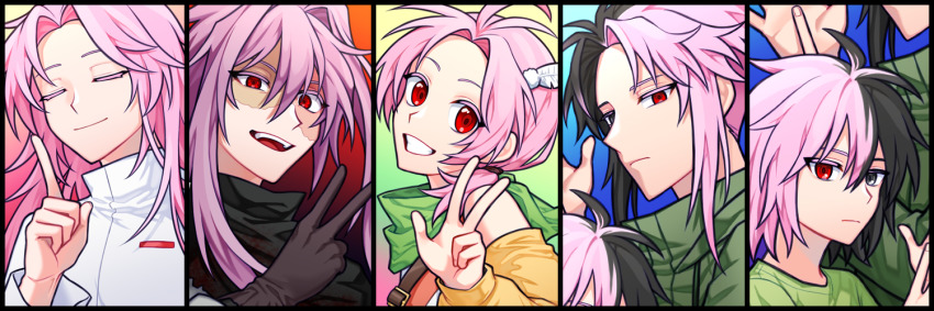 5boys, antenna_hair, bandana, belt, belt_buckle, black_eyes, black_hair, black_shawl