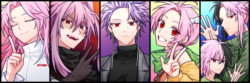 6+boys, antenna_hair, bandana, belt, belt_buckle, black_eyes, black_hair, black_shawl