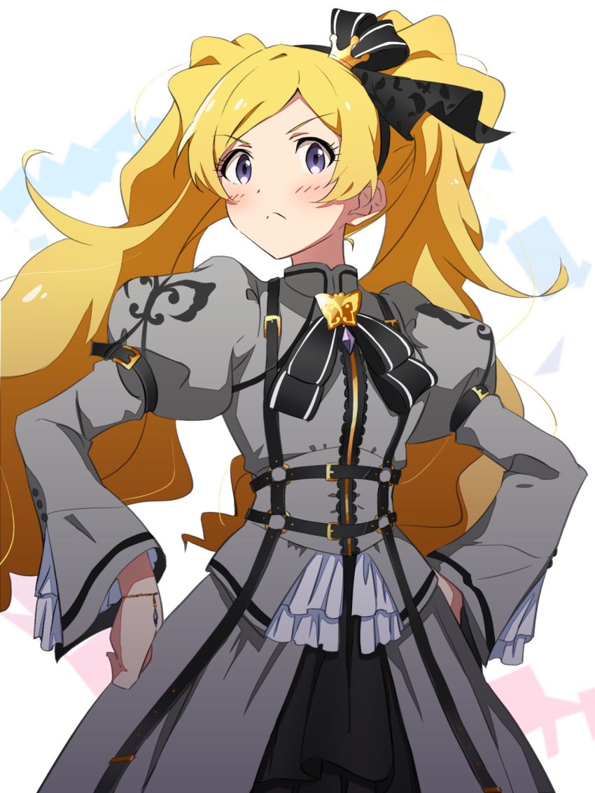 1girl, :<, belt, black_belt, black_bow, black_hairband, blonde_hair, bow