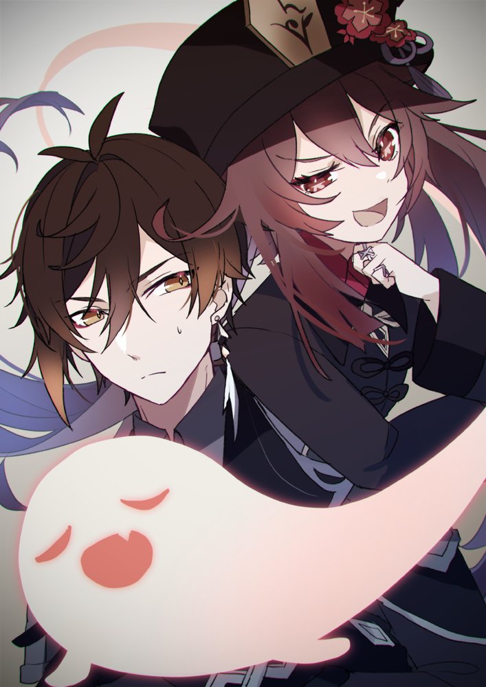 1boy, 1girl, ahoge, brown_hair, chinese_clothes, coat, earrings, flat_chest, flower, flower-shaped_pupils, genshin_impact, ghost, gradient_hair, hat, hat_ornament, hu_tao_(genshin_impact), jewelry, kirisame_(fukahire_oukoku), long_hair, long_sleeves, multicolored_hair, open_mouth, plum_blossoms, porkpie_hat, red_eyes, red_shirt, ring, shirt, simple_background, symbol-shaped_pupils, zhongli_(genshin_impact)