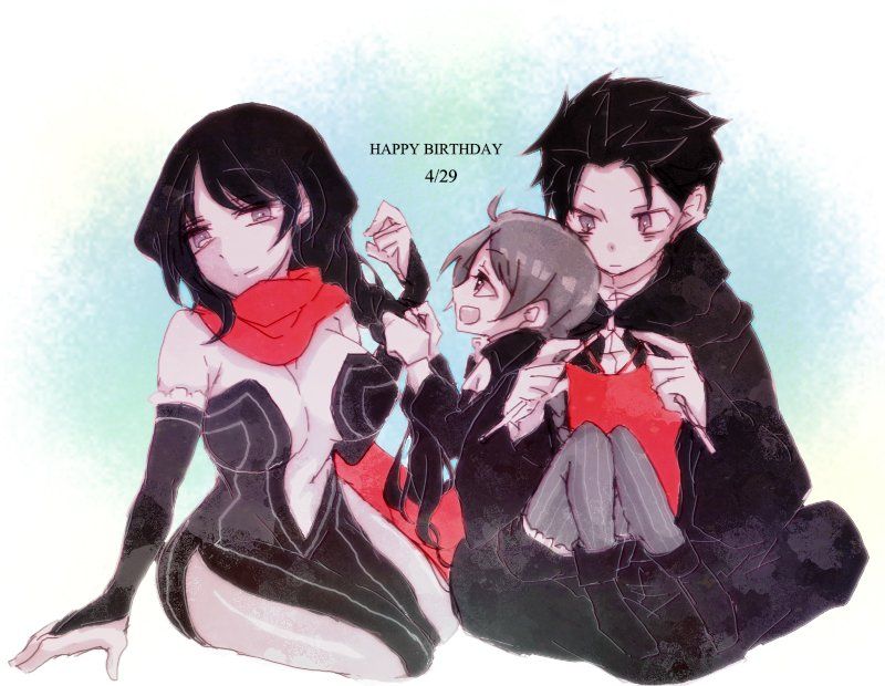 1boy, 2girls, alternate_costume, alternate_universe, artist_request, ascot, bags_under_eyes, black_dress